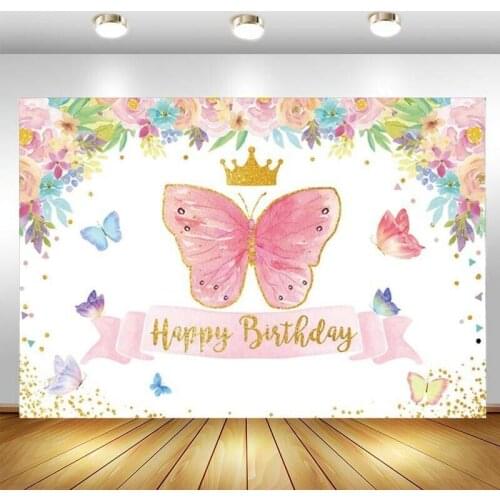 Pink Butterfly Photo Backdrop Crown Princess Girls Birthday Party Photography Background Booth Prop Decor Banner