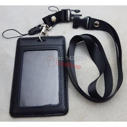 One set Genuine leather ID Card Holder Vertical Strap Lanyard for Retractable Badge