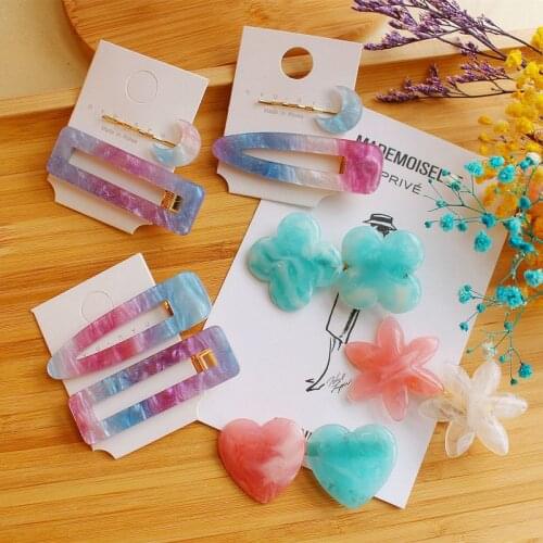 Korea Fashion Gradient Purple Starry Sky Moon Hairpins Flower Heart Acrylic Geometric Rectangle Waterdrop Hair Clips Drop Ship