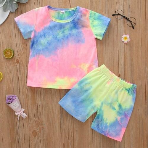 Toddler Kids Baby Girls Summer Cute Tie-dye Printed Short-sleeved Clothes Set Clothes For Childern Girl Tracksuit Outfits