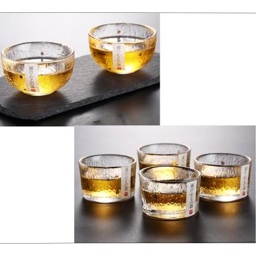 1Pc Small Tea Cups Gold Glass Tea Bowl Cup With Glod Rim Japanese Style Hand Hammer Accessories