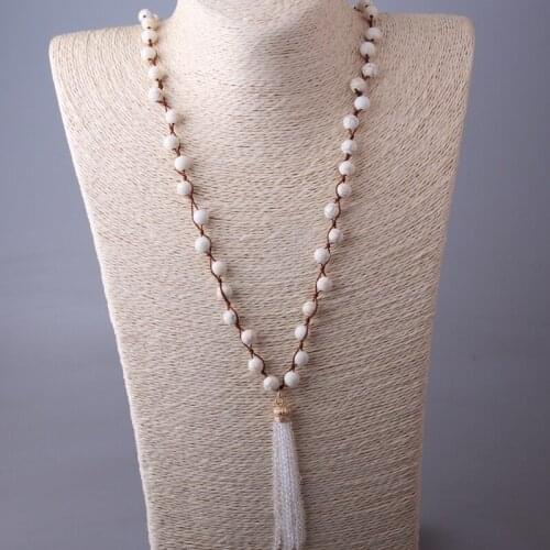 MOODPC Fashion White Stones Knotted Rope Glass Tassel Necklace Handmade Women Natural Stone Necklace