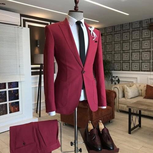 Chic Yellow/Red Slim Mens Blazer 2 Piece Beach Groomsmen Wedding Tuxedos For Party Formal Prom Suit (Jacket+Pants) Business