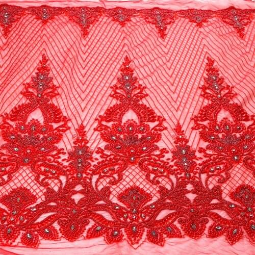 New fashion style off white/red/goldheavy handmade beads on netting embroidered wedding dress/evening dress lace fabric one yard
