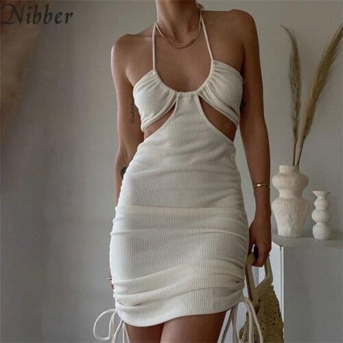 Nibber Knitted Summer Sexy Mini Dress Women Spaghetti Strap Halter Hollow Out Backless Apricot Solid Hot Night Club Dresses