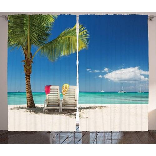Seaside Decor Curtains 2 Panel Set Relaxing Scene on Remote Beach with Palm Tree Chairs and Boats Panoramic Picture Living Room