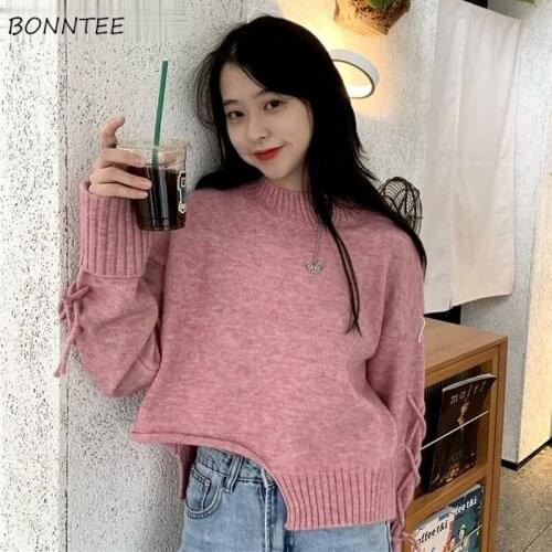 Pullover Women Crop Pink Solid Lace Up O-neck Korean Style Cute Sweet Ladies Tops Design Vintage Sexy Chic Fashionable Loose New