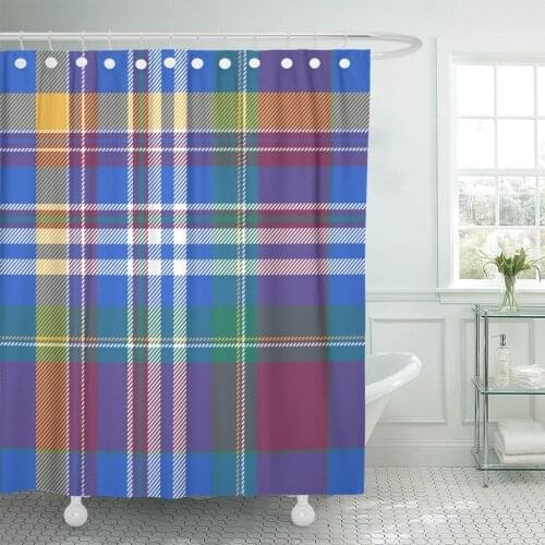 Pink Abstract Blue Plaid Tartan Britain British Celtic Check Shower Curtain Waterproof Polyester Fabric 72 x 78 Inches Set