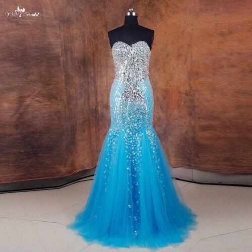 RSE737 Abendkleider Crystal 2016 Mermaid Prom Dress Blue Evening Dress With Crystals