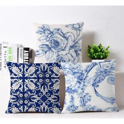 Vintage Cushion Covers Blue White Printed Linen Cushion Cover High Quality Sofa Bedding Decorative Throw Pillow Cases