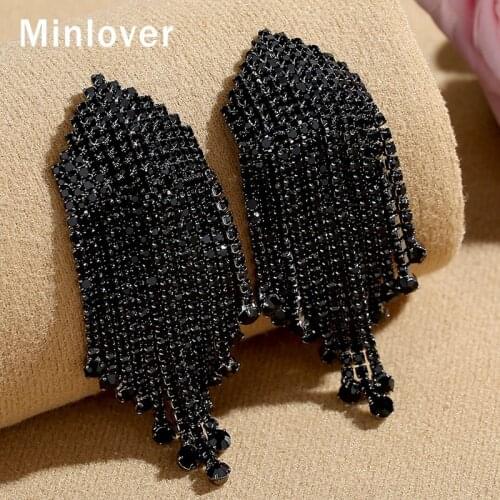 Minlover Vintage Black Rhinestone Statement Tassel Drop Earrings for Women Large Bride Dangle Earrings Korean Jewelry MEH1375