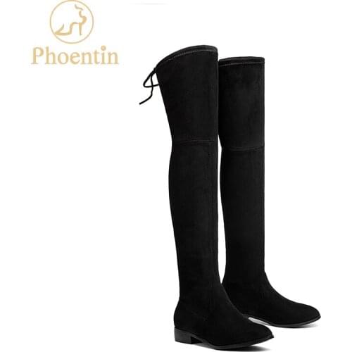 Phoentin elastic over knee boots womens 2017 new arrival low flat heel 3cm lace-up stretch fabric slim sexy womens boots FT133