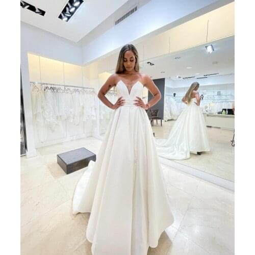 Sexy Long V-Neck Satin Wedding Dresses with Pockets A-Line Corset Back Vestidos de Novia Abendkleid Bridal Gown for Women