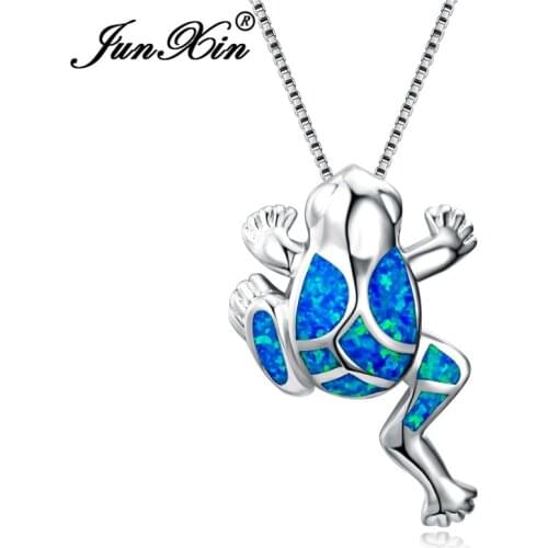 JUNXIN Unique Silver Color Animal Charm Necklace Blue Fire Opal Frog Pendant Necklaces For Women Men Party Gifts