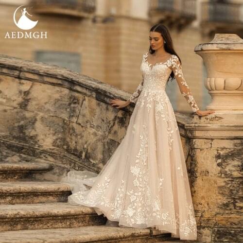 Aedmgh A-Line Beach Wedding Dresses 2021 Sweetheart Long Sleeve Vestido De Novia Backless Lace Up Appliques Bridal Gowns