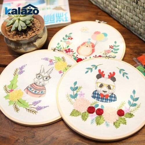 1 Set Embroidery DIY Handmade Kit Beginner Novice Making Embroidery Flower Material Package Cartoon Animal With Frame Home Decor