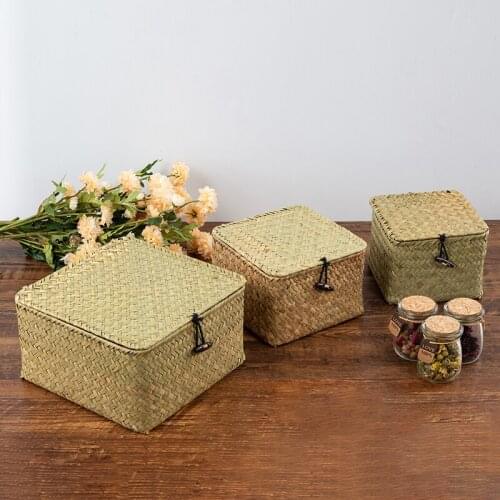 1PC Woven Storage Basket Wicker Laundry Baskets Handmade Seagrass Storage Box with Lid Home Sundries Consolidation Organizer