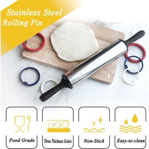 1Pcs Rolling Pin Adjustable Stainless Steel Rolling Pin Dough Roller with 3 Removable Thickness Rings for Baking Dough, Pizza