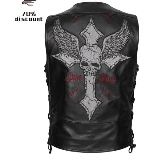 2020 Vintage Black Men Skulls Embroidery Bikers Leather Vest Plus Size XXXXL Genuine Cowhide Slim Fit Motorcycle Leather Vest
