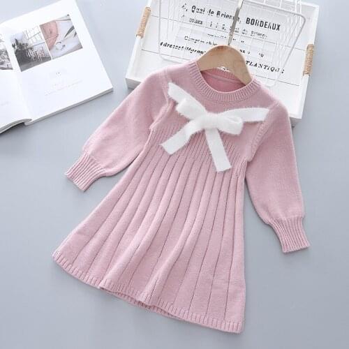 2021 Baby Girl Dress Knitting Dress For Girls Half High Neck Striped Contrast Pleated Sweater Dress Child Clothing For 2-6 Age