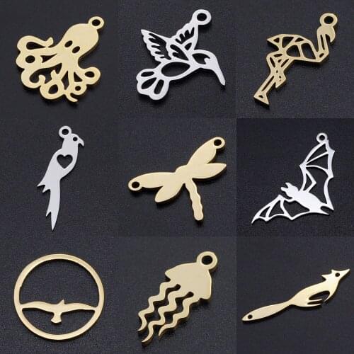 5pcs/lot Animal Jellyfish DIY Charms Wholesale 100% Stainless Steel Fox Bat Connectors Charm Bird Parrot Owl Jewelry Pendant