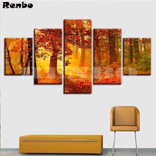 DIY 5D Diamond Painting Cross Stitch Red Tree Forest Full Square Mosaic Diamond Embroidery Natural Scenery Needlework Decor 5pcs