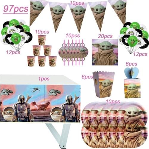 97pcs For 10 Kids The Mandalorian Baby Yoda Party Supplies Paper Plates Cup Tableware Tablecloth YODA BABY Shower Party Decorate