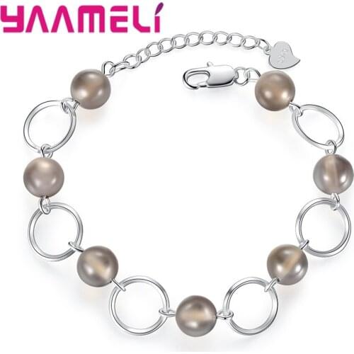 New Fashion Adjustable 925 Sterling Silver Chain Bracelets For Woman Six Round Grey Crystals Beads Bracelet Femme Top Sale