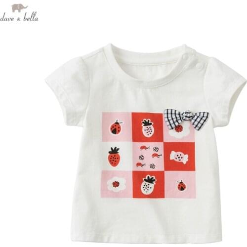 DB17782 dave bella summer baby girls cute bow cartoon print T-shirt children tops girl kids fashion tees