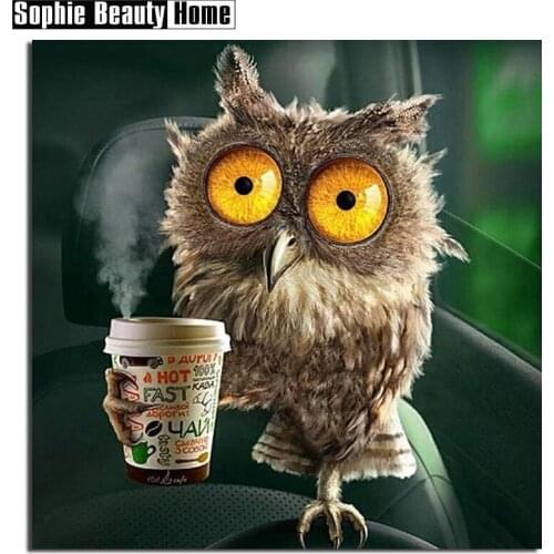 DIY Diamond Painting Cross Stitch Diamond Mosaic Needlework Crafts Owl And Coffee Full Diamond Embroidery Home Decor 060401
