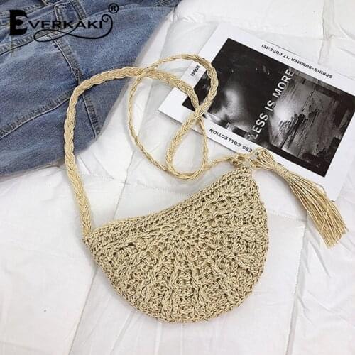Everkaki Boho Shoulder Bag Women Summer with Tassel Straw Rattan Woven Semicircle Handbag Knitted Messenger Crossbody Bags 2021