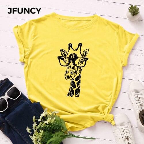 JFUNCY Plus Size Giraffe Print Women T-shirts Female Short Sleeve Tee Tops Woman Casual Tshirt 2020 Summer Cotton T Shirt