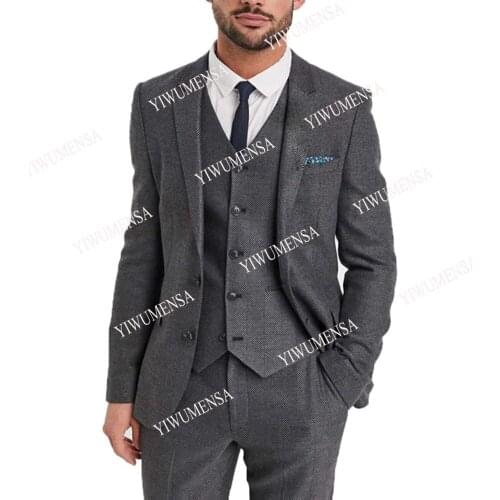 Handsome Formal Herringbone Men Suits For Wedding Blazer Tuxedos Slim Fit 3 Pieces Set Brown Jacket+Vest+Pants Prom Party Gowns