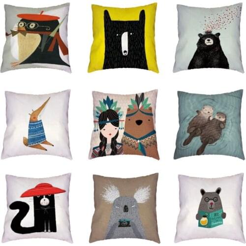 Creative Cartoon Indian Style Bear White Cushion Cover Otter Colorful Geometric Seat Home Decor Polyester Peach Skin Pillow Case