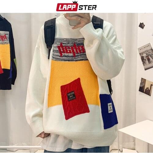LAPPSTER Men Patchwork Designer Knitted Sweater 2021 Mens Harajuku Vintage Oversized Pullovers Male Japanese Streetwear Sweaters