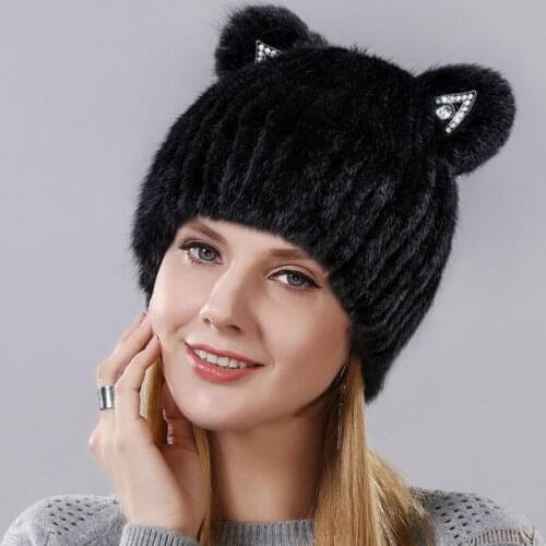 Fashion Winter New Style Mink Cat Ear With Sequins Warm Winter Cap For Women Real Natural Mink Fur Vertical Weaving Winter Hat