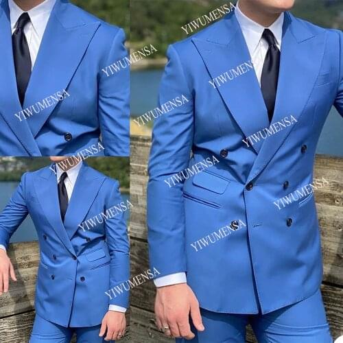 YIWUMENSA Blue Soild Mens Suits Tailor-Made Double Breasted Blazer Masculino 2 Pieces Jacket With Pant Prom Party Groom Wear