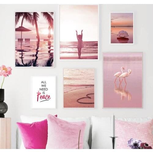 Wall Art Canvas Painting Pink Ocean Flamingo Beach Coconut Tree For Living Room Decor Nordic Posters And Prints Wall Pictures