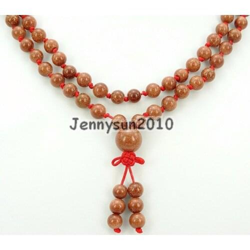 Natural Gold Sand 6mm Gems Stone Buddhist 108 Beads Prayer Mala Knot Necklace Multi-Purpose 5Strands/Pack
