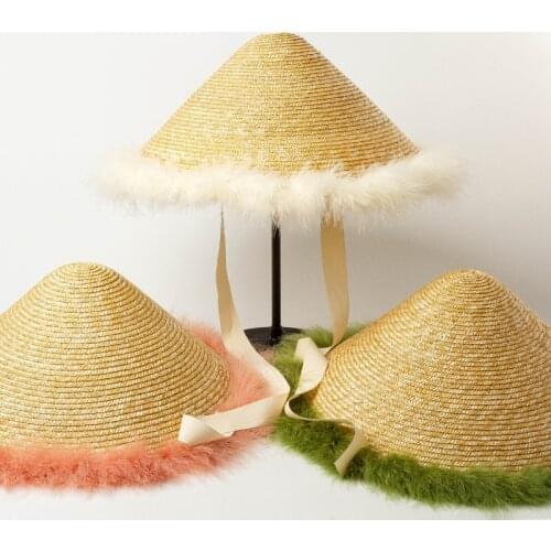 New Feather Sideband Bandage Wheat Straw Bucket Hat Outdoor Sun Protection Sun Bucket Straw hat lady