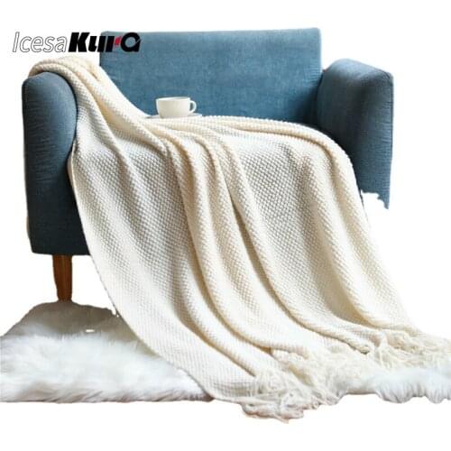 Sofa Blanket Pineapple Grid Knitted Blanket with Tassel Waffle Blanket Super Soft Bedspread Decorative Bed Blanket