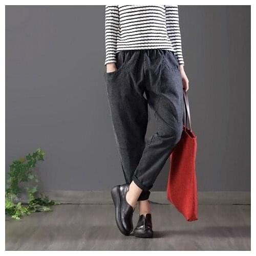 All-Matched Casual Trousers Femme Spring Autumn Women Pants Plus Size Elastic Waist Solid Cotton Linen Harem Pants Loose
