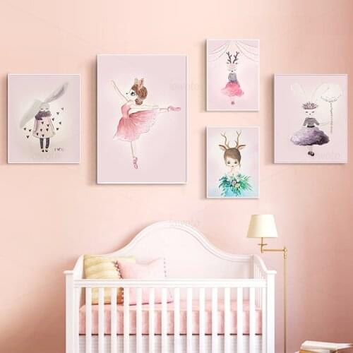 Pink Nursery Wall Art Bunny Girl Poster Rabbit Deer Girls Ballet Canvas Paintings Nordic Princess Room Baby Bedroom Wall Picture
