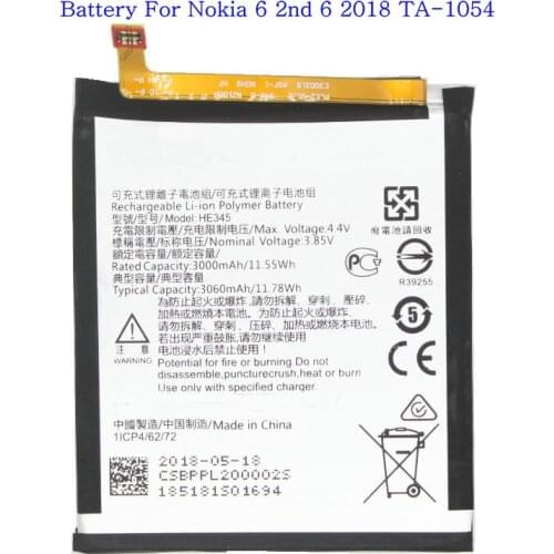 1x HE345 3060mAh Replacement Battery For Nokia 6 2nd 6 2018 TA-1054 HE 345 Batteries Bateria