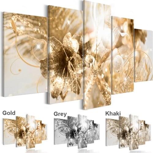 Modern 5 Panels Canvas Painting Shiny Flower Gold Color Poster Living Room Decoration Picture Wall Art Decor No Frame