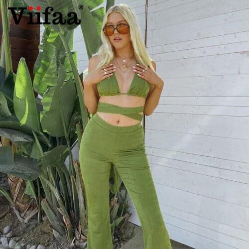 Viifaa V-Neck Criss Cross Self Tie Crop Top and Skinny Flare Pants Set Sexy Women Summer Streetwear Club Two Piece Set