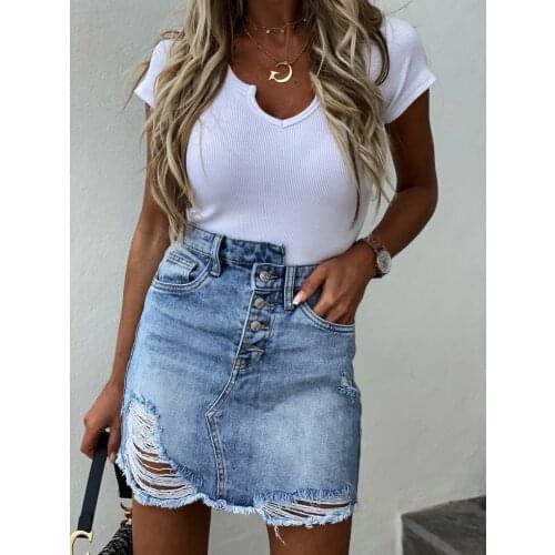 Women Denim Skirt Irregular Bag Hip Ripped Distressed Skirts High Waist Button Up Demin Pencil Skirts Female Casual Summer Jeans