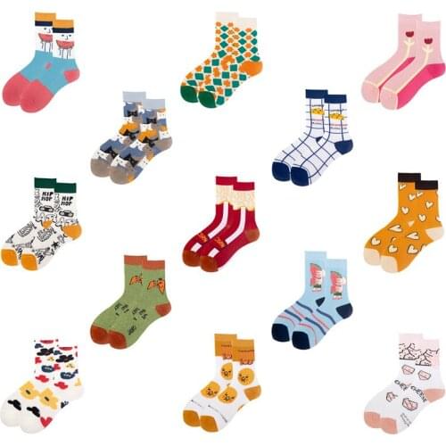 Woman Socks Harajuku Cartoon Cat Watermelon Striped Cheese Fun Flower Pattern Cute Socks Korean Street Sports Trend Socks