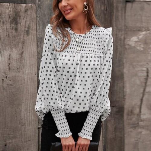 Dot Print Blouses Women Polka Ruffles Boho Long Sleeve Top Fashion O-Neck Patchwork Elegant Chiffon Blouse blusas y camisas 2021