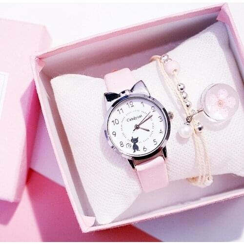 1PC Fashion Girls Leather Child Hours Black Cat Quartz Wristwatch Students Children Pink Watch Round Analog Clock Wrist Watches